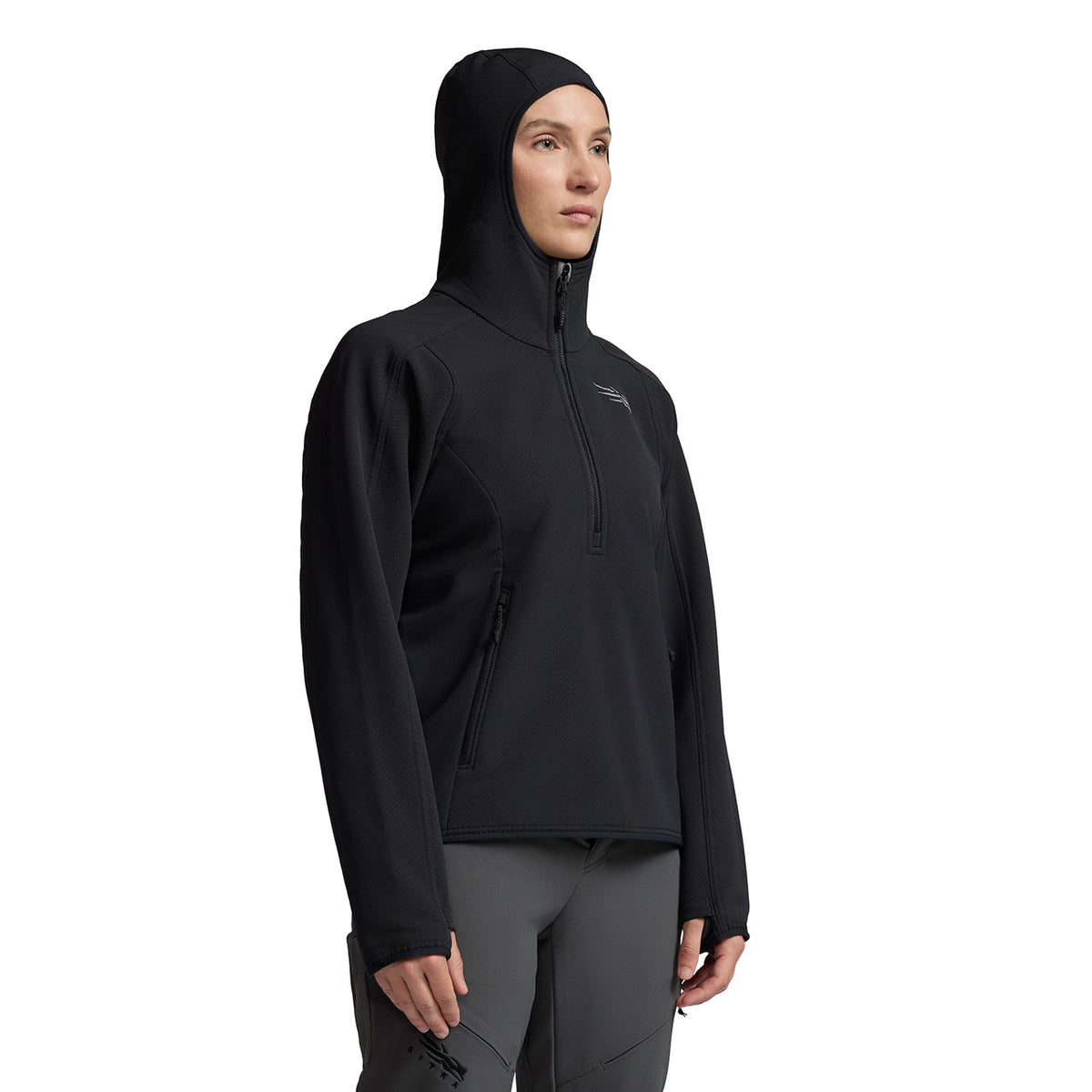 Hood Up Image of the Sitka Women's Alpha Fleece Hoodie.