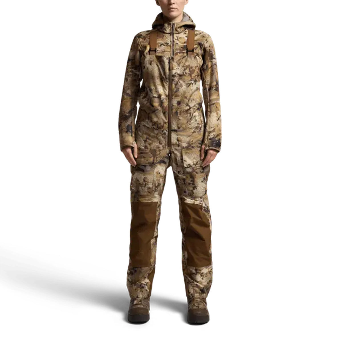 Front image of the Sitka Women's Hudson Bib in Optifade Marsh.