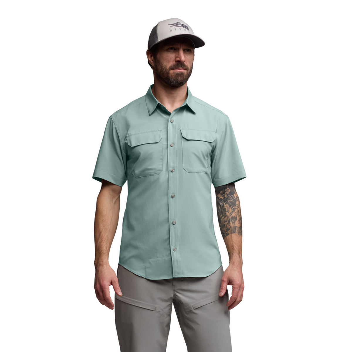 Front Model Image of the Sitka Rossby Short Sleeve Shirt.