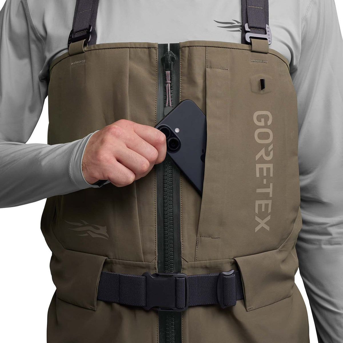 Chest Pocket Image of the Sitka CrossCurrent Zip GTX Stockingfoot Wader.