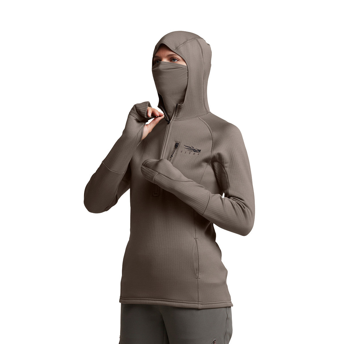 Women's Fanatic Hoodie Front Hood Up Image in Hawk