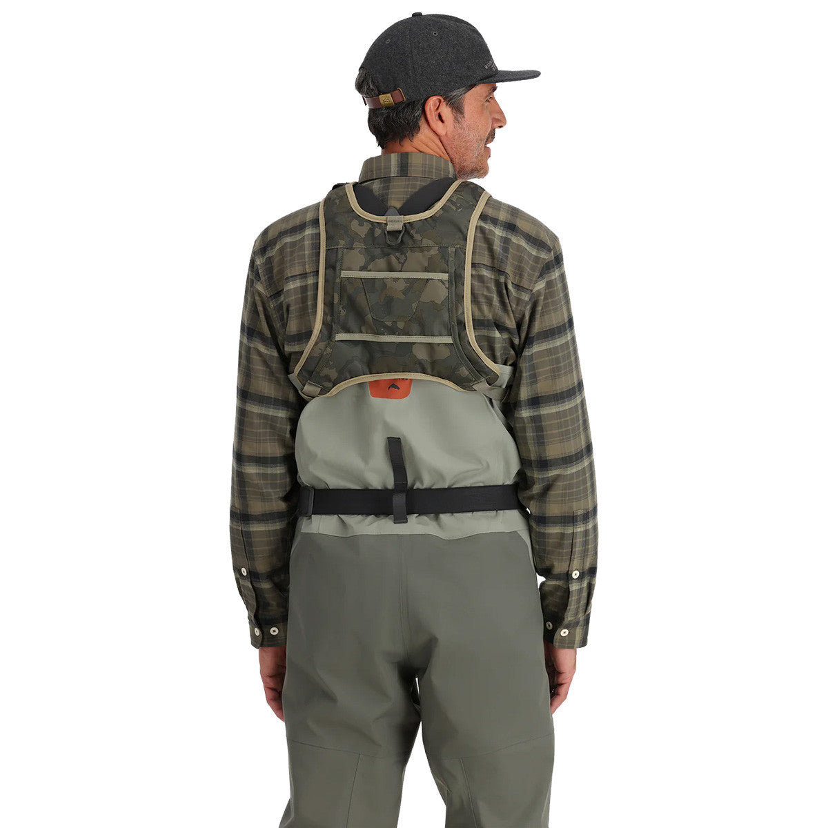 Simms Tributary Hybrid Chest Pack Back Model Image in Regiment Camo Olive Drab