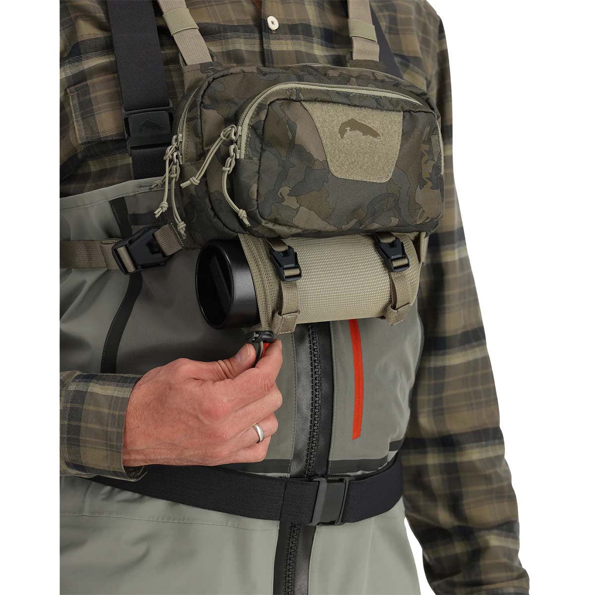 Simms Tributary Hybrid Chest Pack Detailed Model Image in Regiment Camo Olive Drab