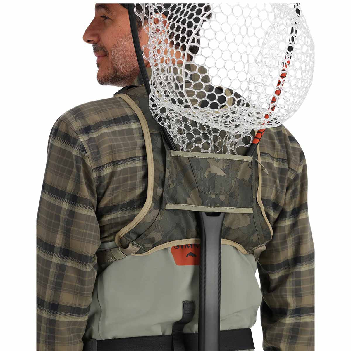 Simms Tributary Hybrid Chest Pack Back Model with Net Image in Regiment Camo Olive Drab