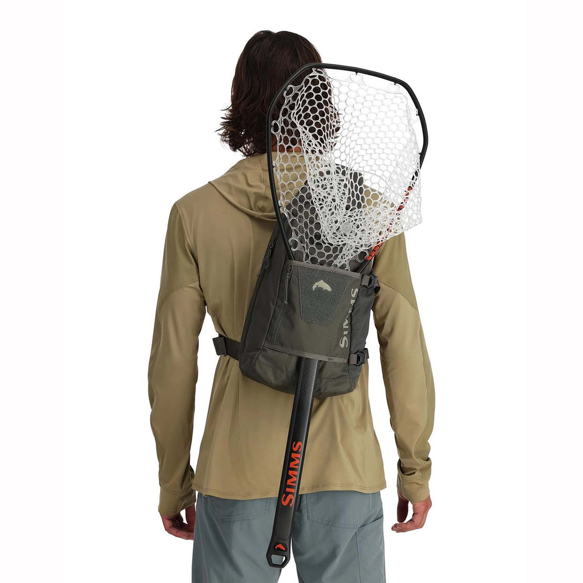 Simms Tributary Fishing Sling Pack Back Image with Net