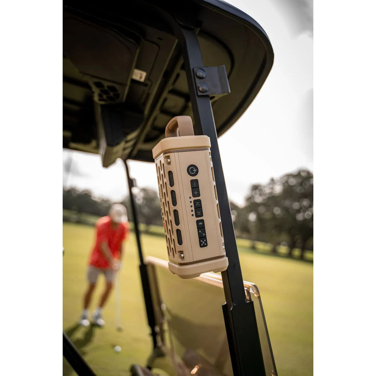 Mounted on Golf Cart Image of the Turtlebox Ranger Bluetooth Speaker.