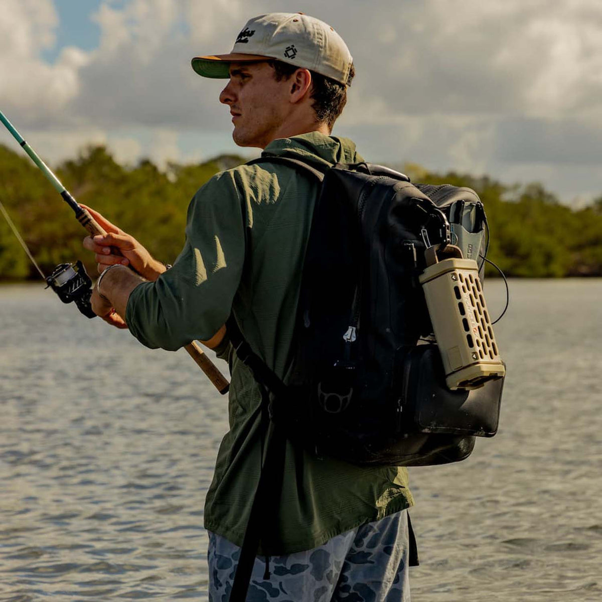 On Backpack Image of the Turtlebox Ranger Bluetooth Speaker.