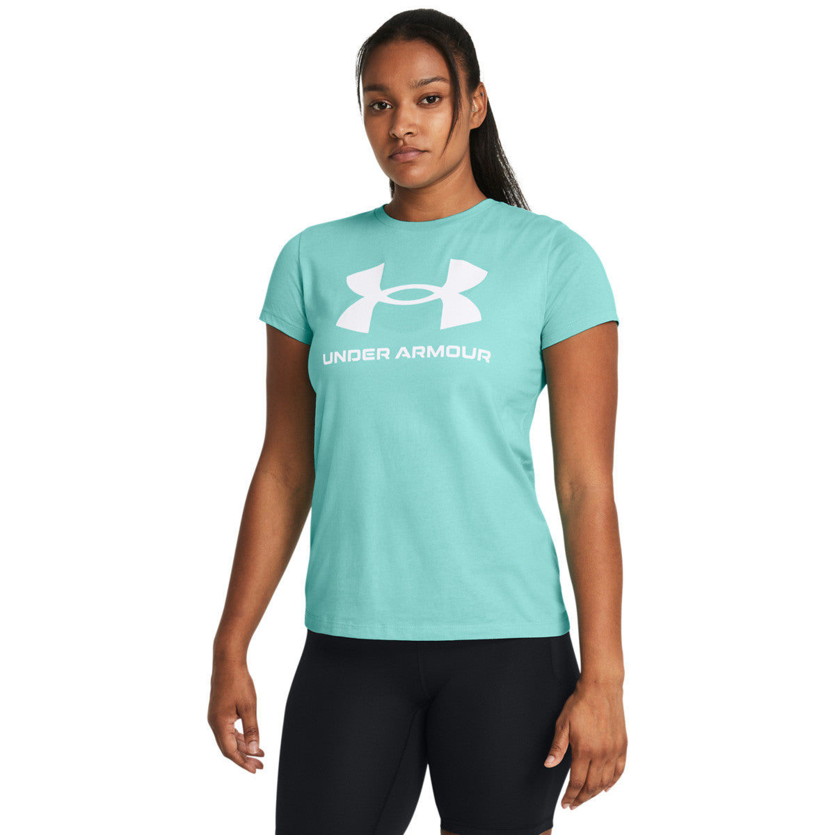 Under Armour Women's Sportstyle Graphic Short Sleeve Shirt Image in Radial Turquoise-White