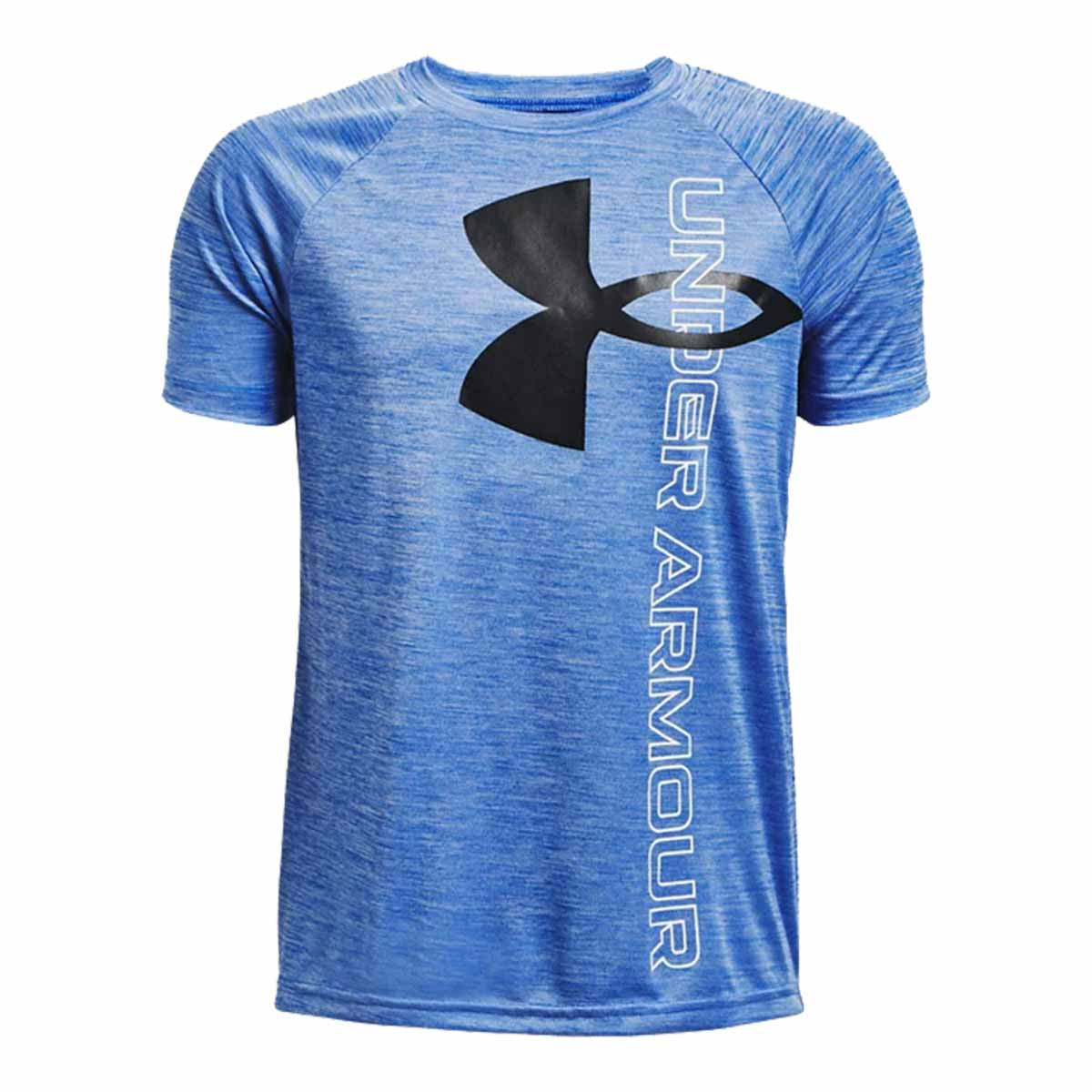 Under Armour Boy's Tech Split Logo Hybrid Short Sleeve T-Shirt Image in Versa Blue- Black