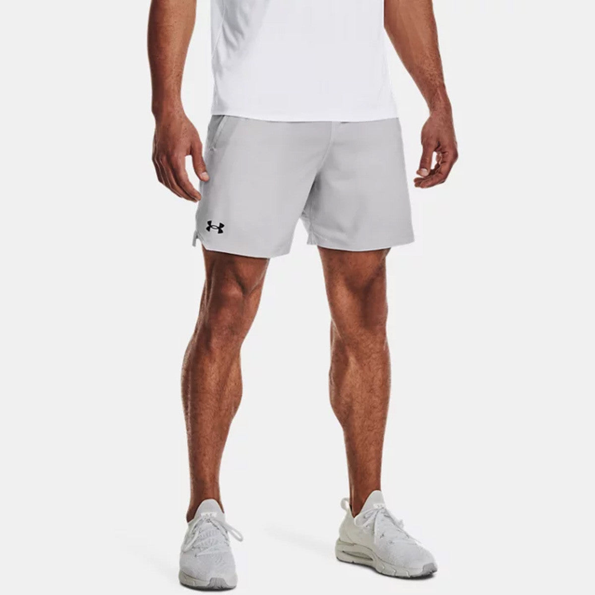 Under Armour Vanish Woven 6" Shorts Front Model Image in Halo Gray/Black
