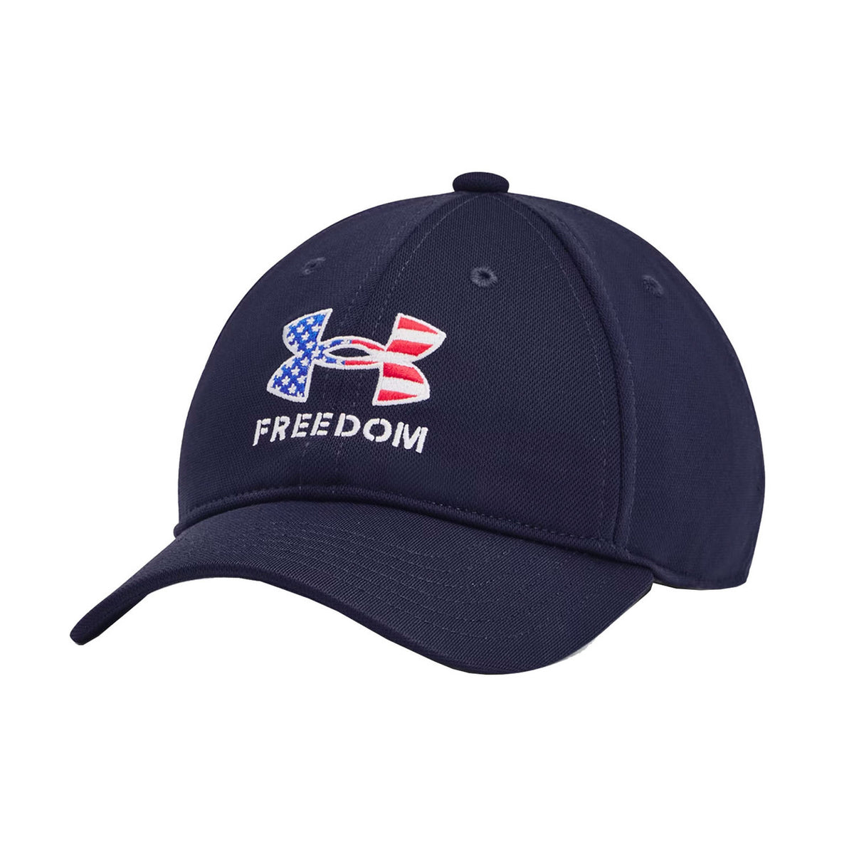 Under Armour Boys' Blitzing Freedom Adjustable Cap Front Image in Midnight Navy-White