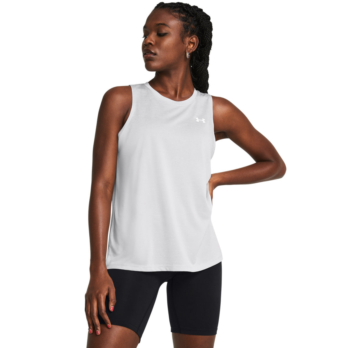 Under Armour Women's UA Tech Twist Tank Front Model Image in Halo Gray