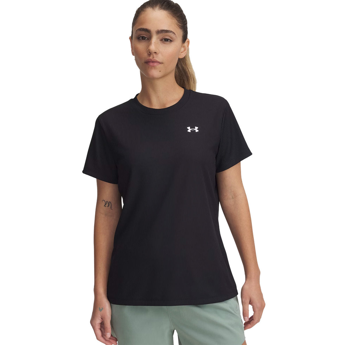Under Armour Women's UA Tech Rib Short-Sleeve Shirt Front Image in Black-White
