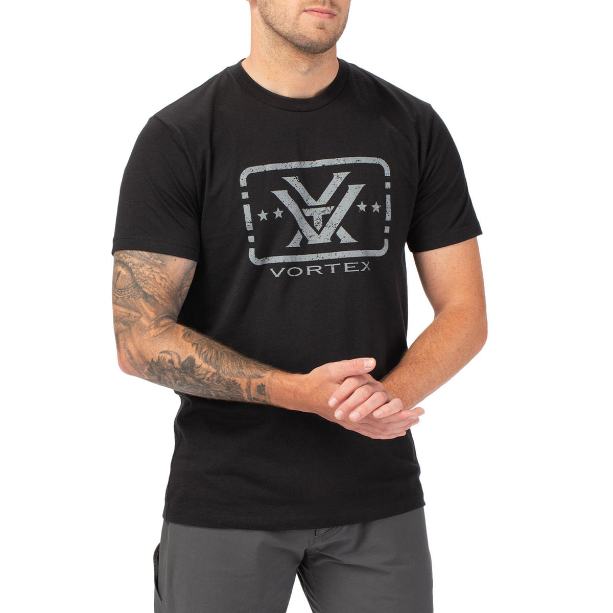 Front Model Image of the Vortex Trigger Press T-Shirt.