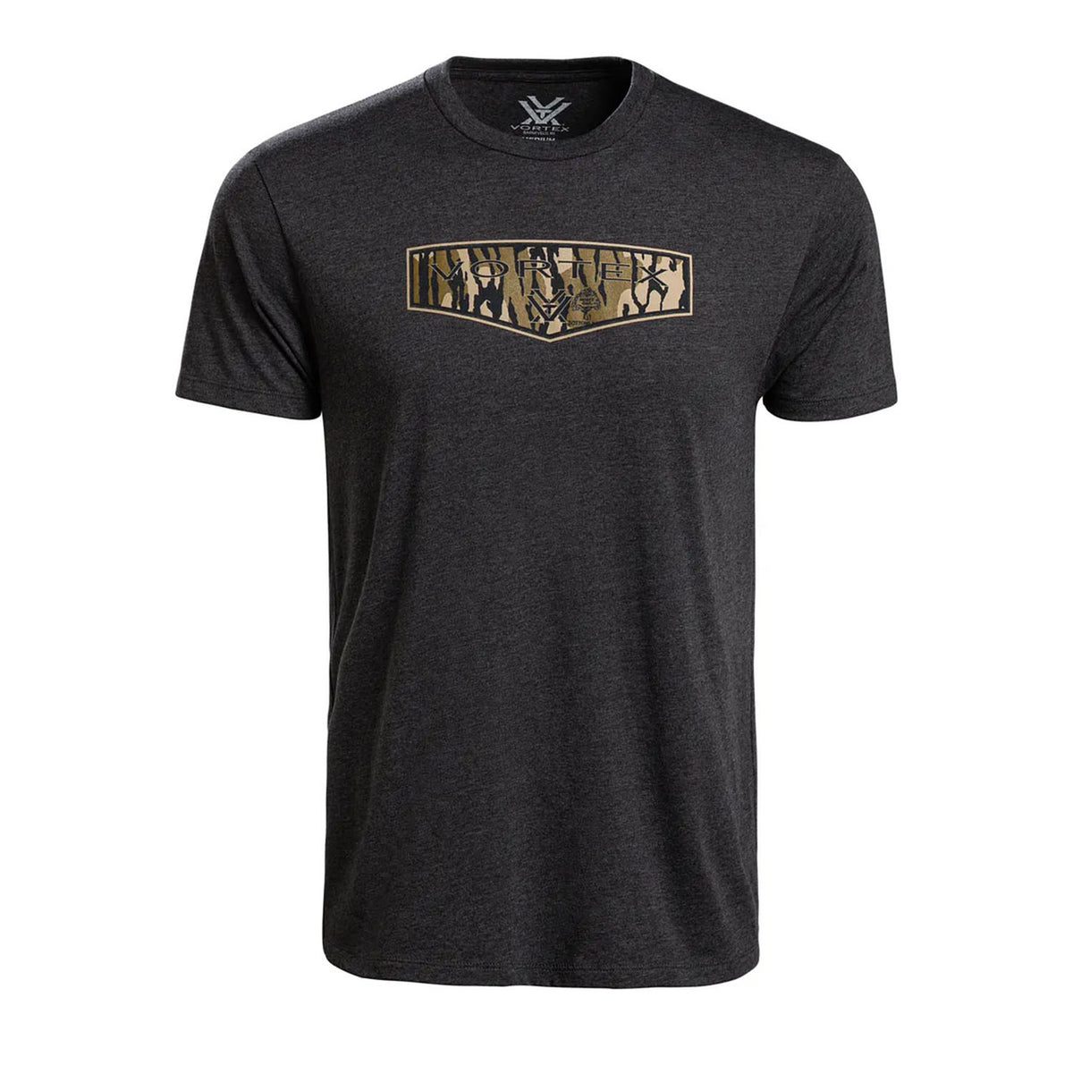 Image of the Vortex Mossy Oak Bottomland Shield Logo Short Sleeve T-Shirt.