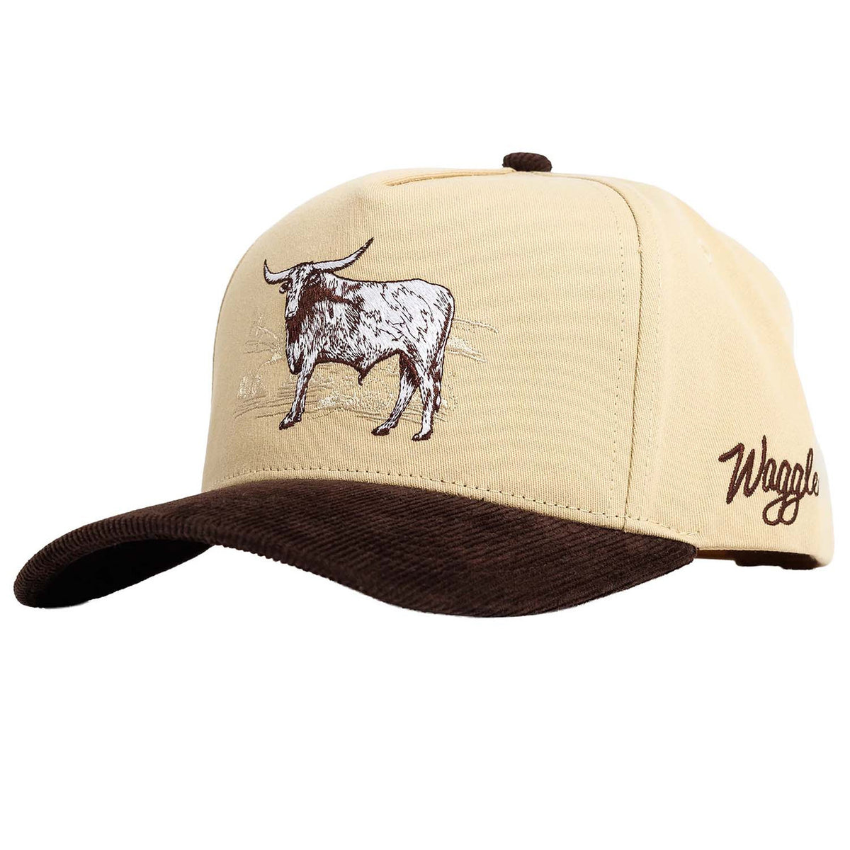 Side image of the Waggle Steer Corduroy Brim Hat in Brown.
