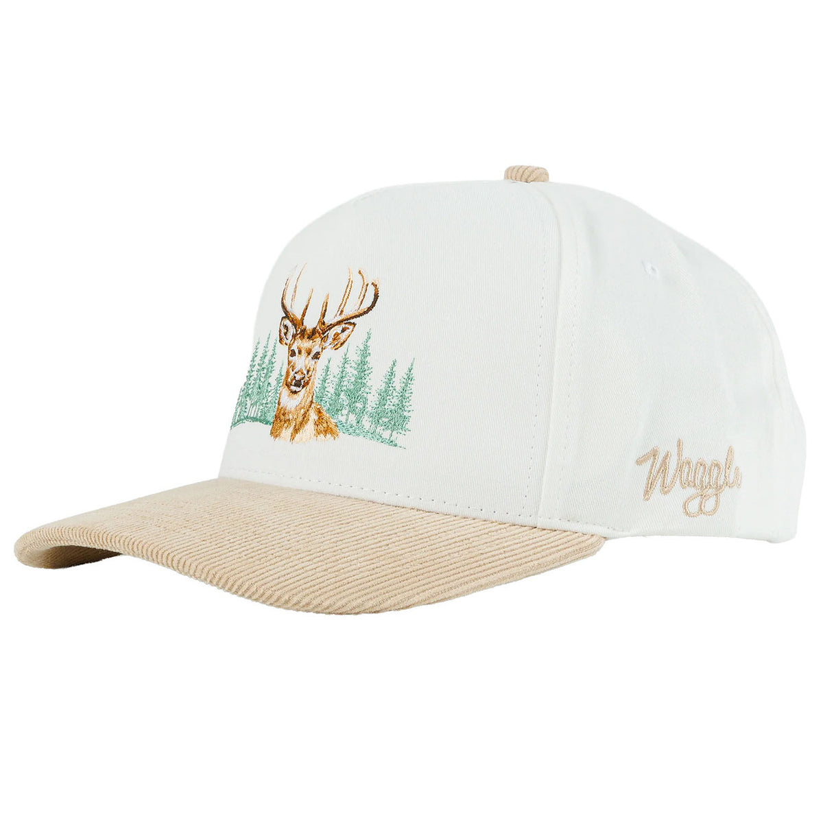 Side image of the Waggle Whitetail Corduroy Brim Hat in White.