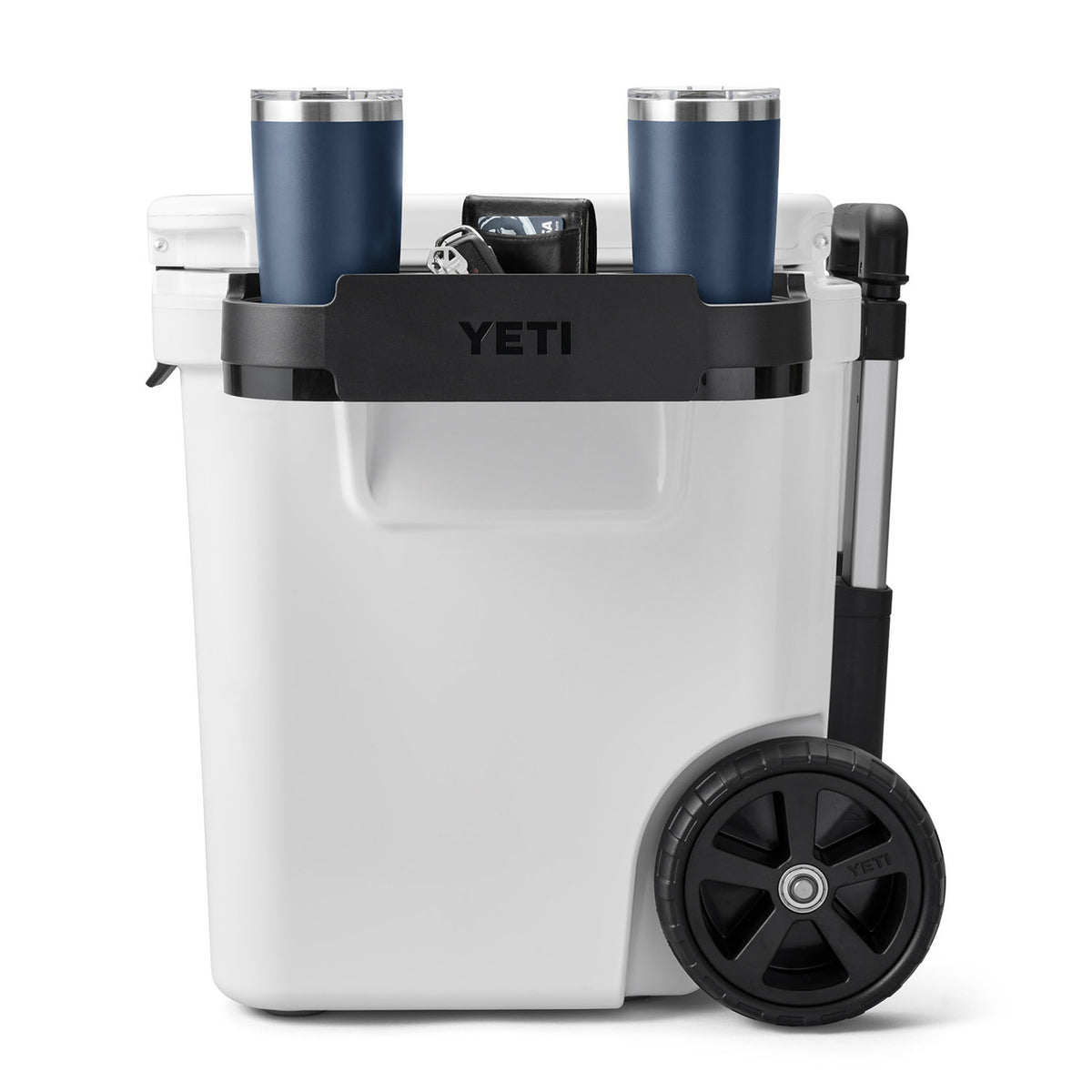 Yeti Roadie Wheeled Cooler Cup Caddy On Cooler with Mugs Image