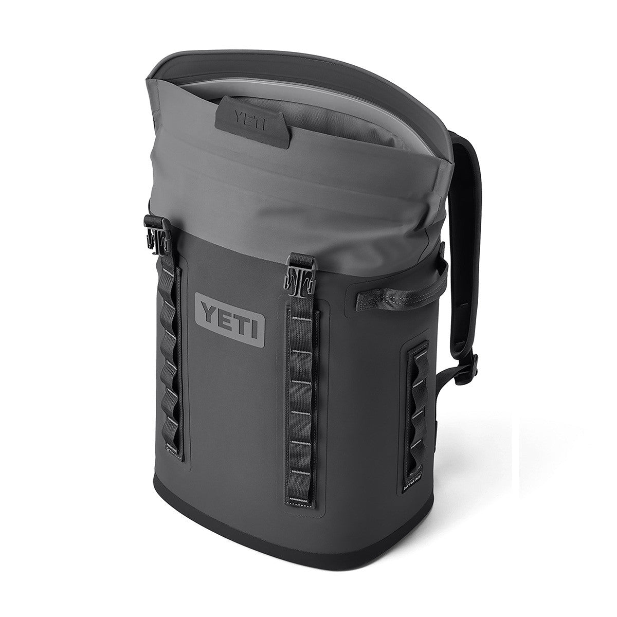 Yeti Hopper M20 Backpack Soft Cooler Angled Open Image in Charcoal