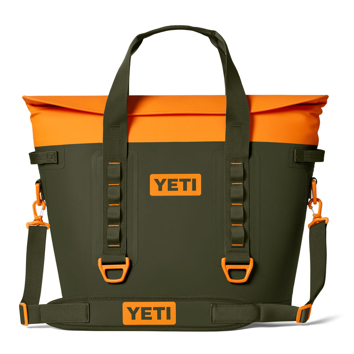 Yeti Hopper M30 Soft-Sided Cooler Image in Olive/King Crab Orange
