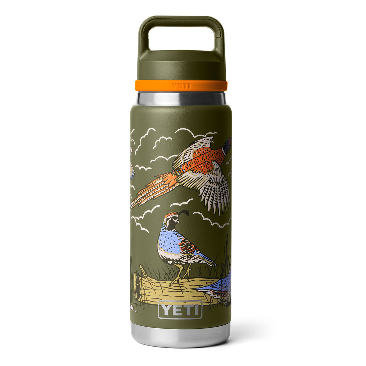 Front Image of the Upland Bird Yeti Rambler 26 oz. Water Bottle with Color-Blocked Flip Chug Cap.