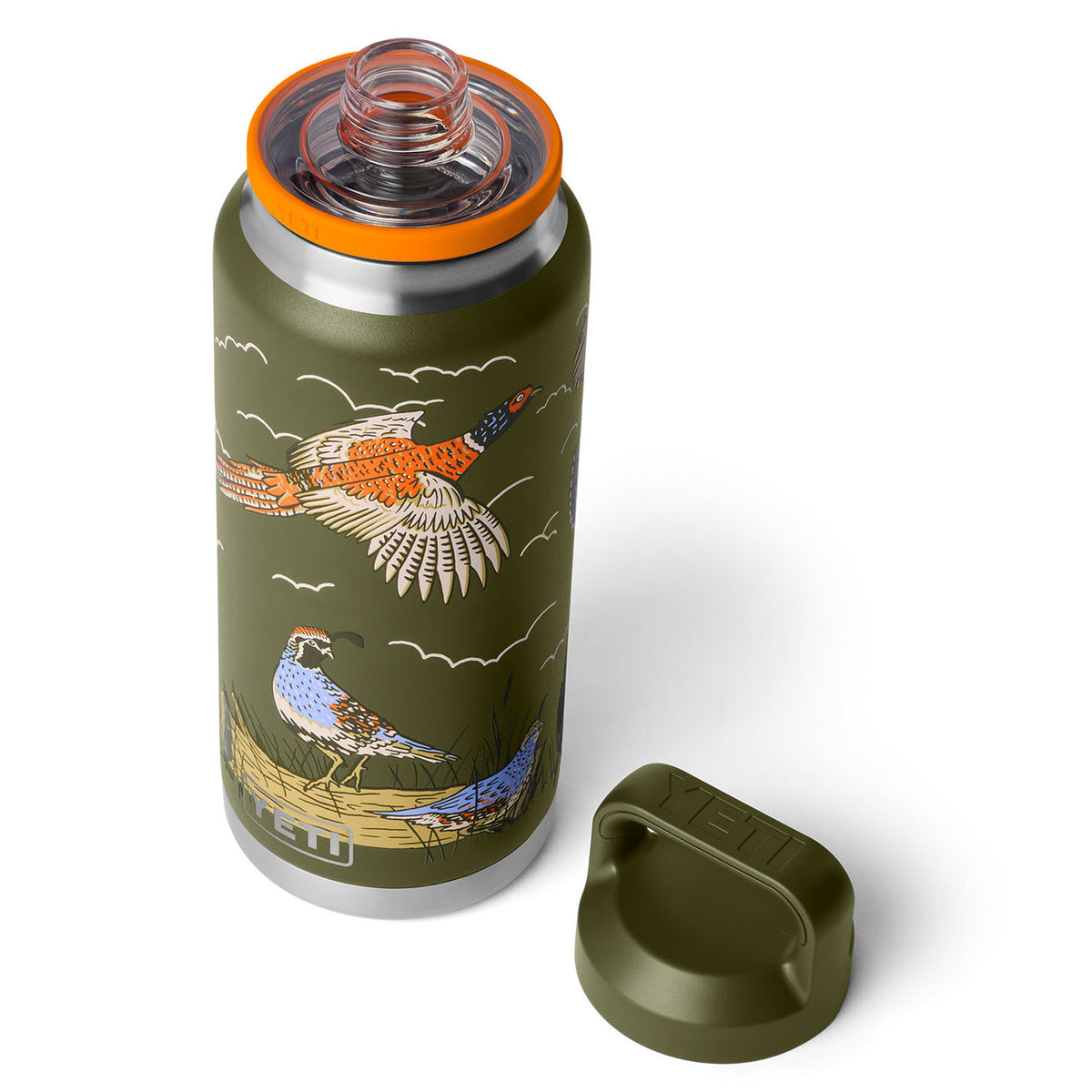 Lid Off Image of the Yeti Rambler 36 oz. Upland Bird Water Bottle with Color-Blocked Flip Chug Cap.