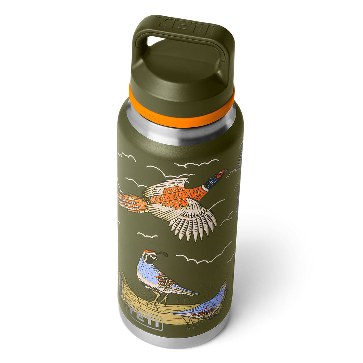 Top Image of the Yeti Rambler 36 oz. Upland Bird Water Bottle with Color-Blocked Flip Chug Cap.
