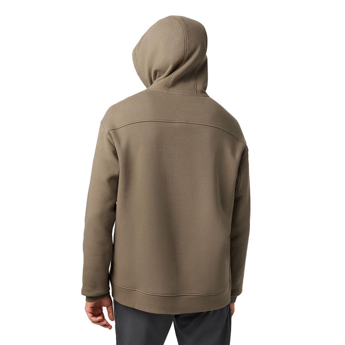 Yeti Wetlands Logo Badge Fleece Hoodie Back Model Image with Hood Up
