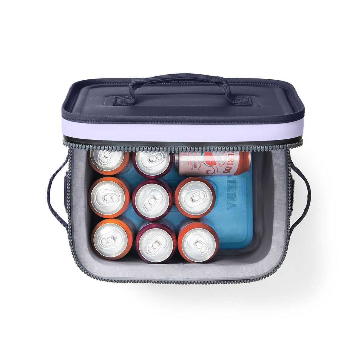 Yeti Hopper Flip 12 Soft Cooler Opened Top Image in Cosmic Lilac
