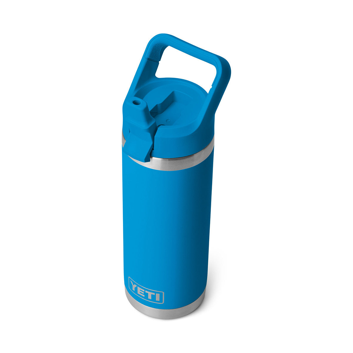 Rambler 18 oz. Water Bottle with Color-Matched Straw Cap Top Open in Big Wave Blue